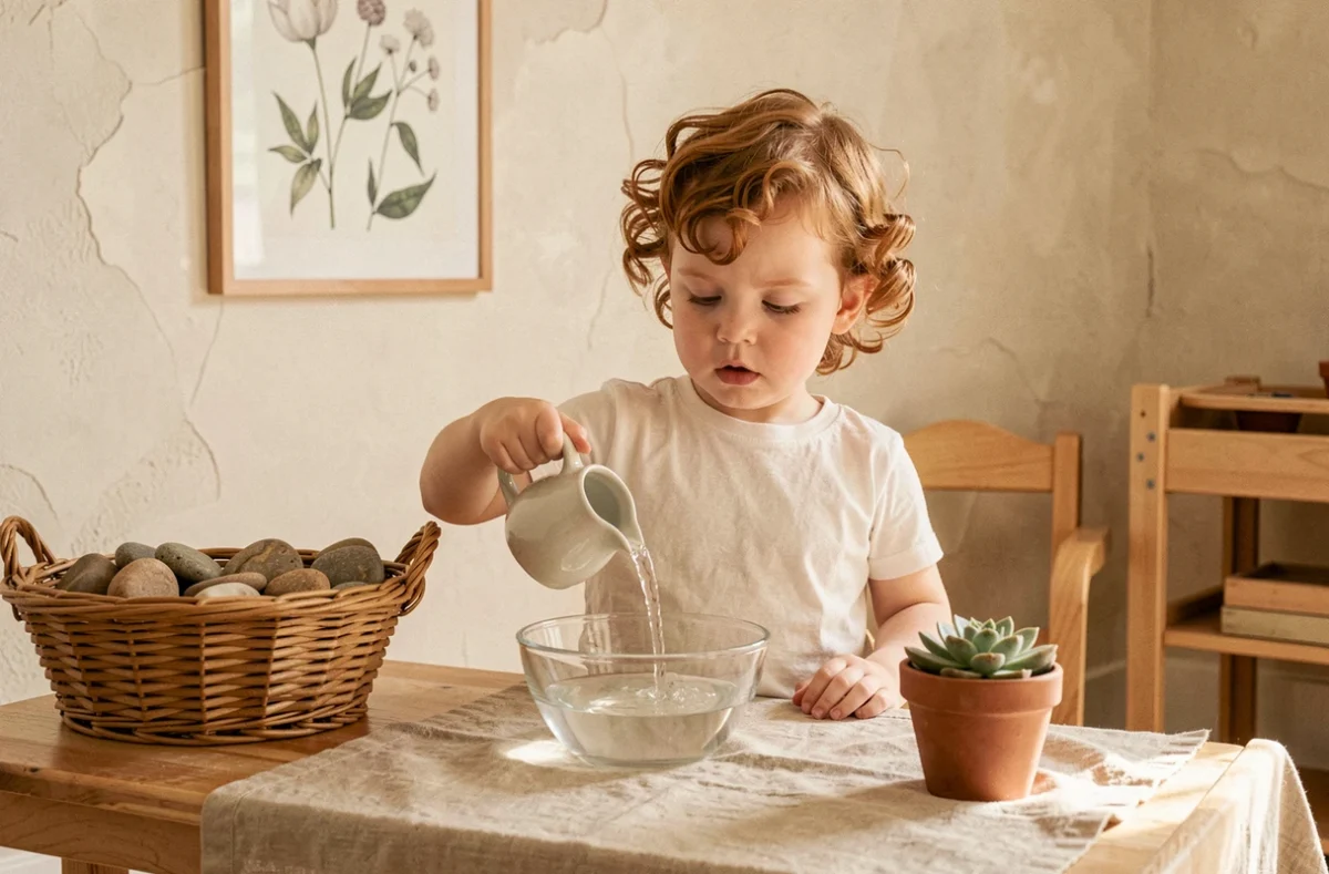 Tout-petit pratiquant un exercice de vie pratique Montessori à l'école A Tatons, versant de l'eau avec concentration