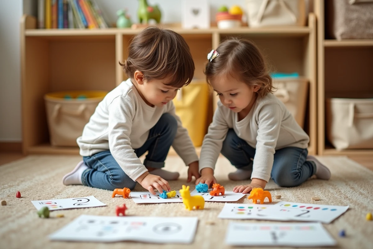 Deux enfants de maternelle petite section triant des figurines animales sur des fiches de comptage imprimées, activité collaborative pour apprendre à compter sans écran