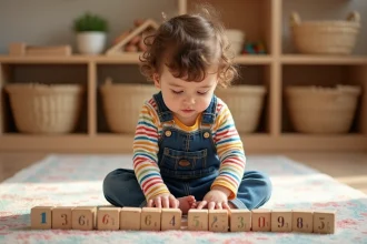 Petite fille de 2-3 ans en maternelle manipulant des cubes en bois numérotés pour apprendre à compter, activité Montessori imprimable pour petite section