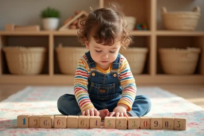 Petite fille de 2-3 ans en maternelle manipulant des cubes en bois numérotés pour apprendre à compter, activité Montessori imprimable pour petite section