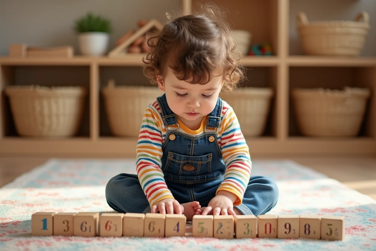 Petite fille de 2-3 ans en maternelle manipulant des cubes en bois numérotés pour apprendre à compter, activité Montessori imprimable pour petite section