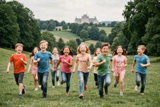 Groupe d'enfants heureux courant dans un parc verdoyant des Yvelines, avec une forêt et un château en arrière-plan