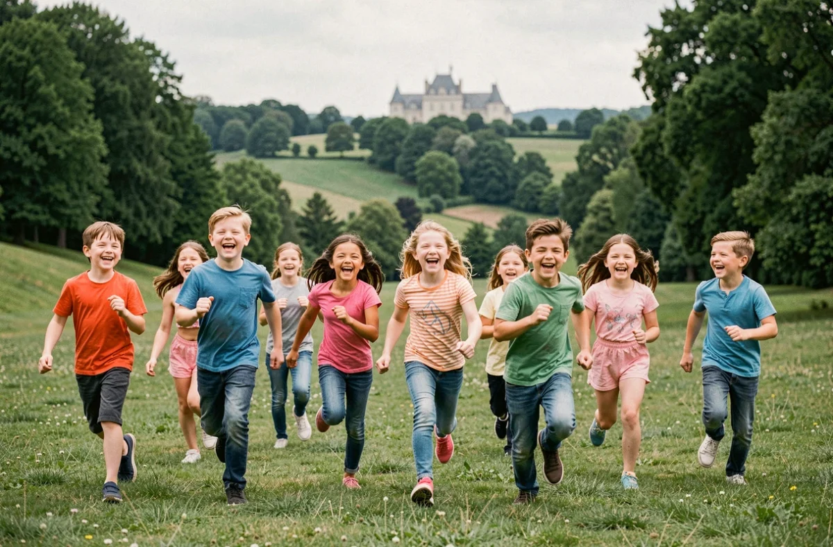 Groupe d'enfants heureux courant dans un parc verdoyant des Yvelines, avec une forêt et un château en arrière-plan
