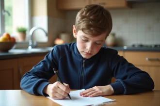 Adolescent en tenue de sport écrivant une lettre d'absence pour l'école à la table de cuisine familiale