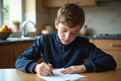 Adolescent en tenue de sport écrivant une lettre d'absence pour l'école à la table de cuisine familiale