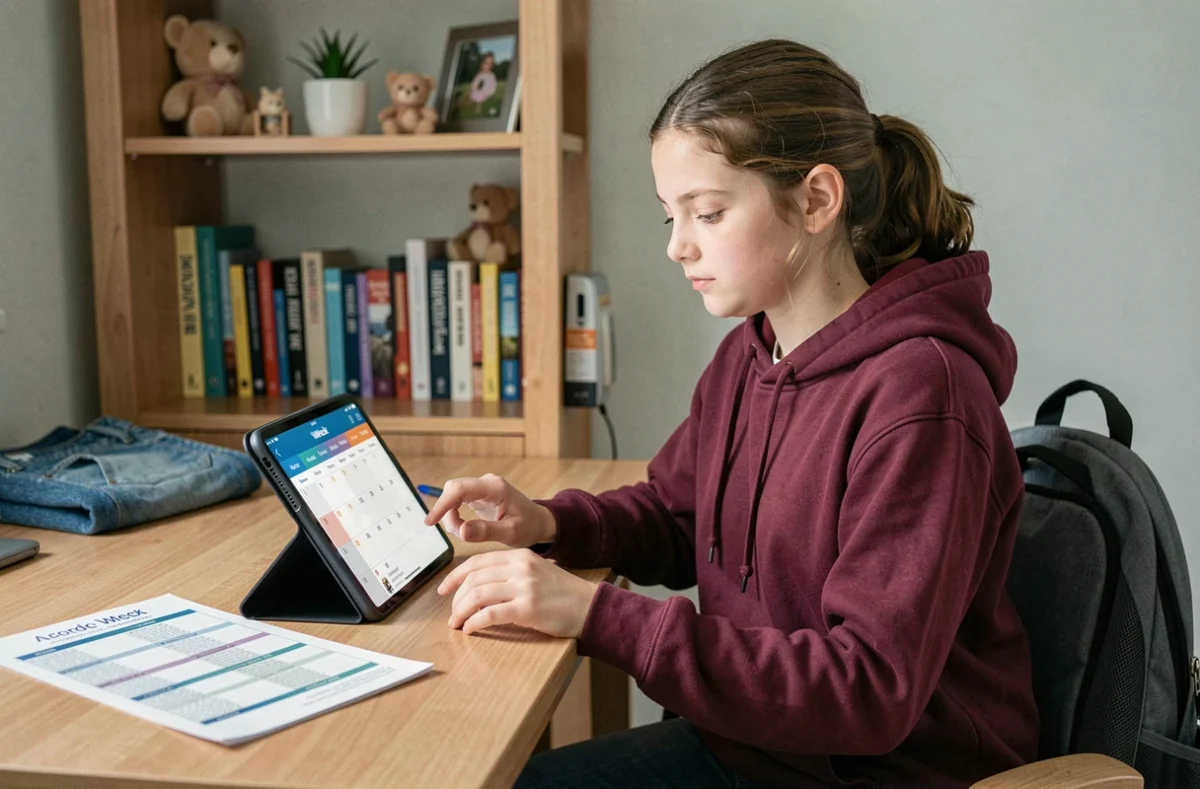 Adolescente consultant un calendrier de semaines paires et impaires sur une tablette dans sa chambre