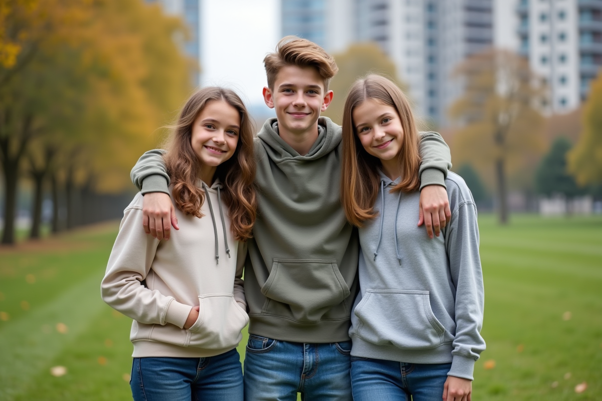 Trois adolescents souriants dans un parc urbain