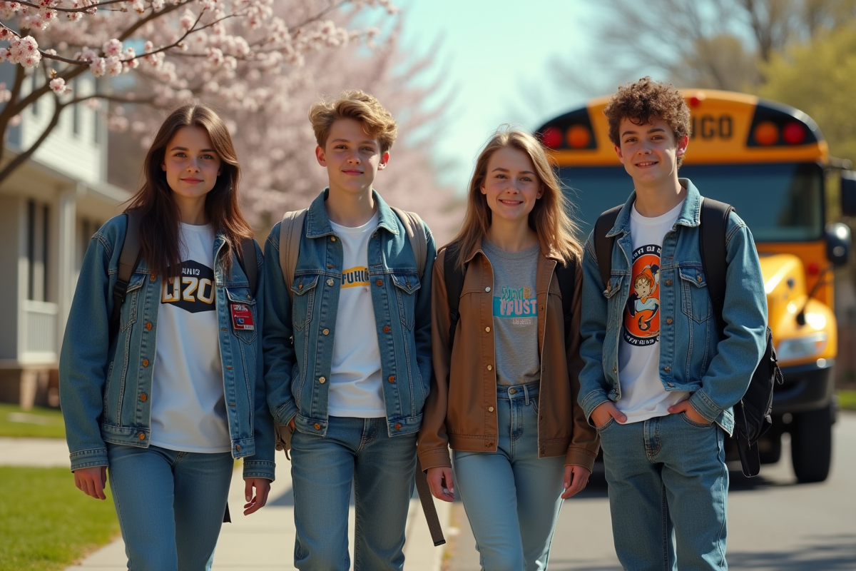 Adolescents devant un bus scolaire des années 90