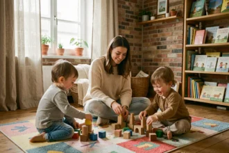 Une baby-sitter professionnelle joue avec deux enfants en bas âge dans un salon chaleureux des Hauts-de-France