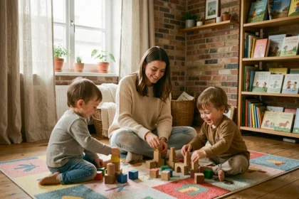 Une baby-sitter professionnelle joue avec deux enfants en bas âge dans un salon chaleureux des Hauts-de-France