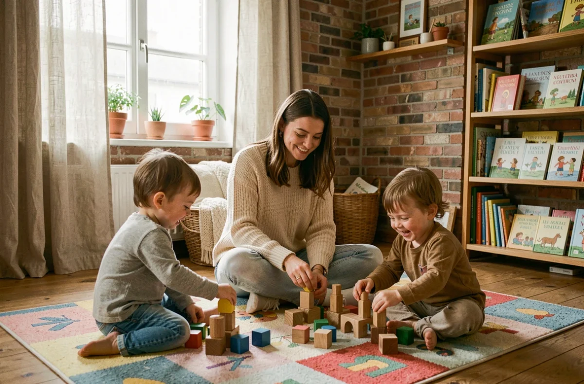 Une baby-sitter professionnelle joue avec deux enfants en bas âge dans un salon chaleureux des Hauts-de-France