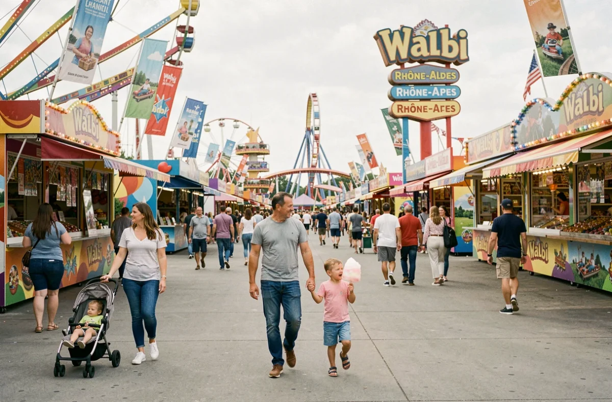 Allée principale animée du parc Walibi Rhône-Alpes avec familles se promenant entre les attractions et boutiques colorées