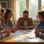 Amis jouant à des jeux de société modernes dans un salon lumineux