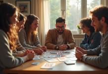 Amis jouant à des jeux de société modernes dans un salon lumineux