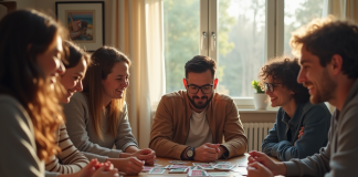 Amis jouant à des jeux de société modernes dans un salon lumineux