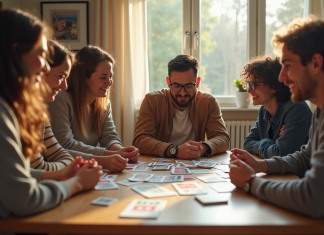 Amis jouant à des jeux de société modernes dans un salon lumineux