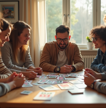Amis jouant à des jeux de société modernes dans un salon lumineux