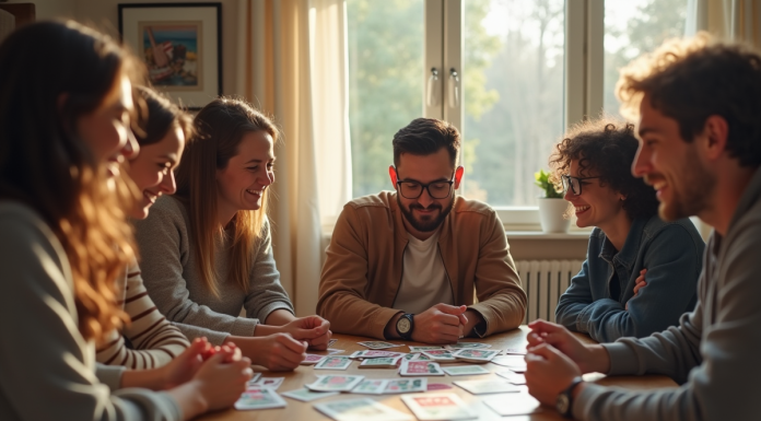 Amis jouant à des jeux de société modernes dans un salon lumineux