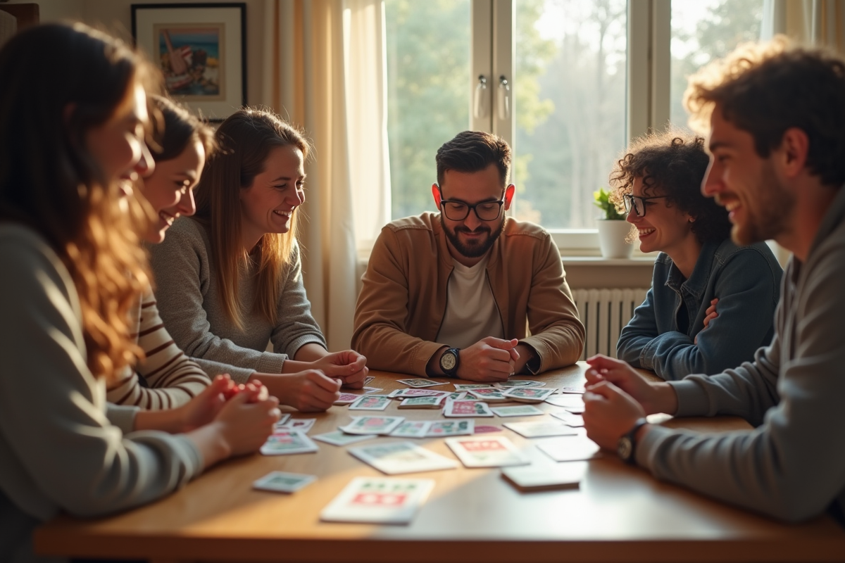 Amis jouant à des jeux de société modernes dans un salon lumineux