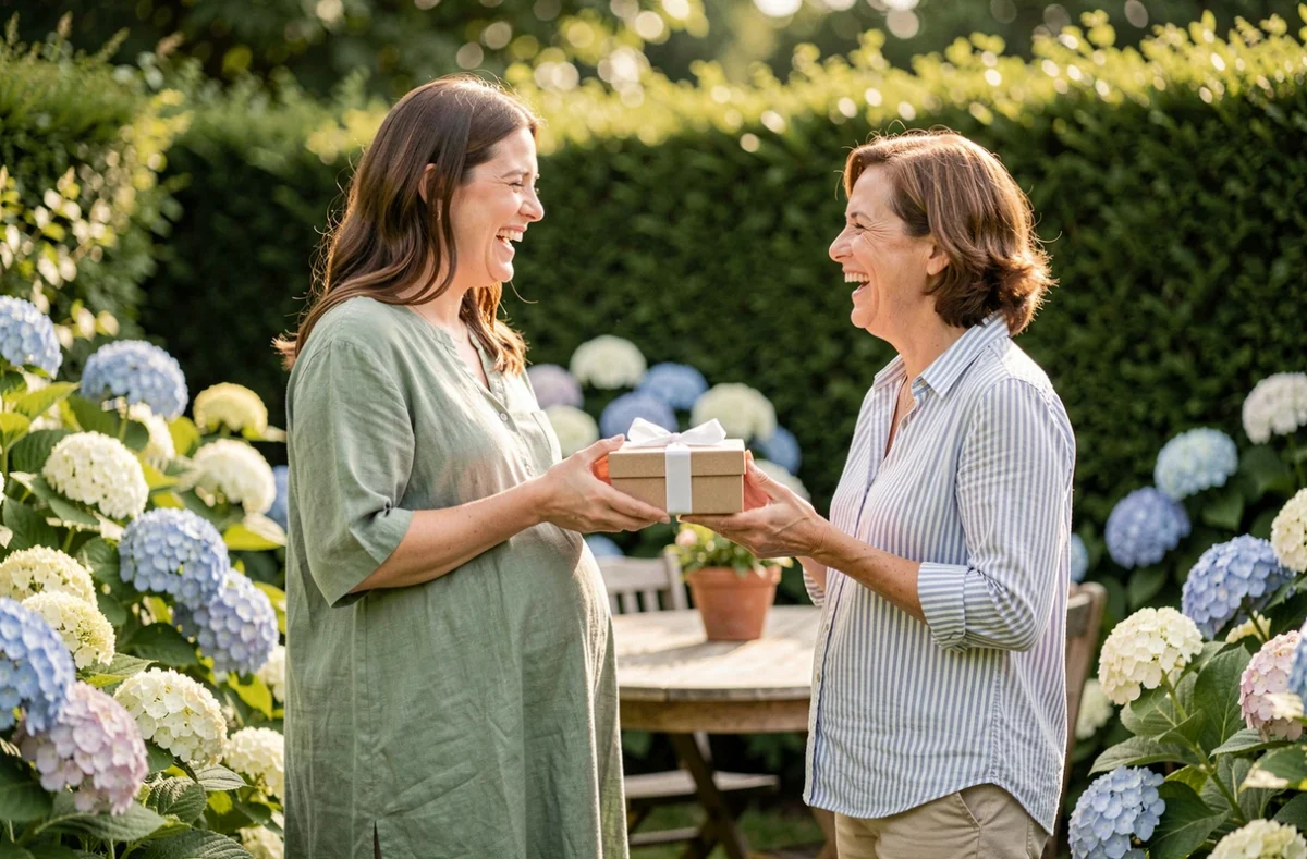 Femme enceinte offrant un cadeau pour annoncer la marraine dans un jardin fleuri