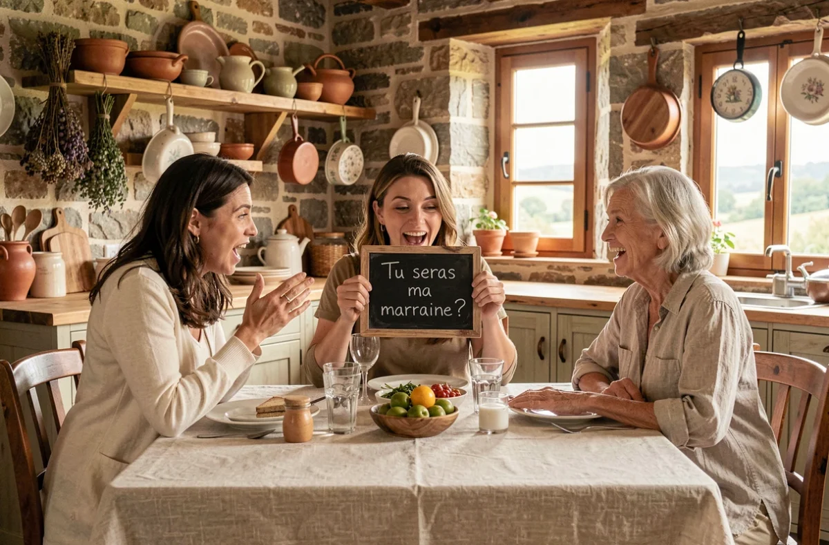 Groupe de femmes autour d'une table en cuisine rustique pour l'annonce de la marraine avec un panneau ardoise