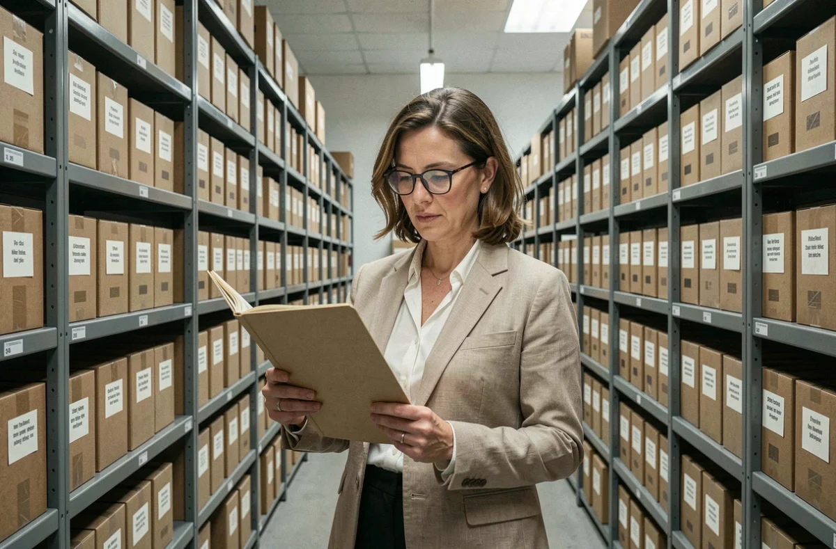 Archiviste consultant des dossiers historiques dans une salle d'archives publiques, évoquant la recherche documentaire et les témoignages officiels