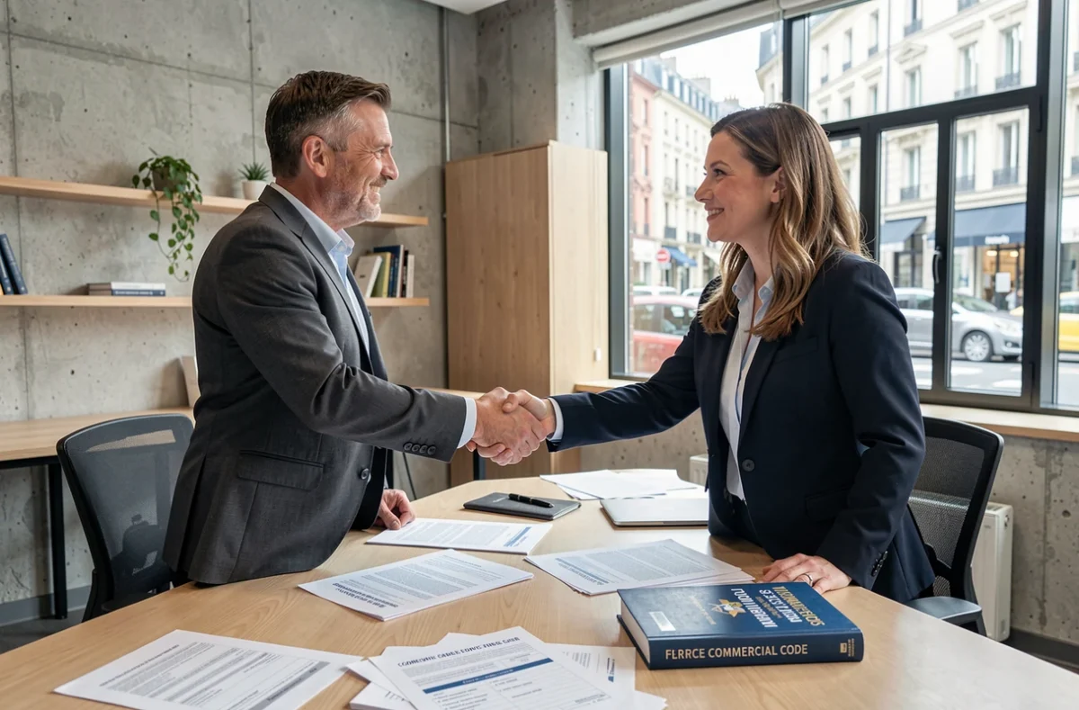 Deux associés signant les statuts d'une société créée sous régime de communauté légale dans un espace de coworking
