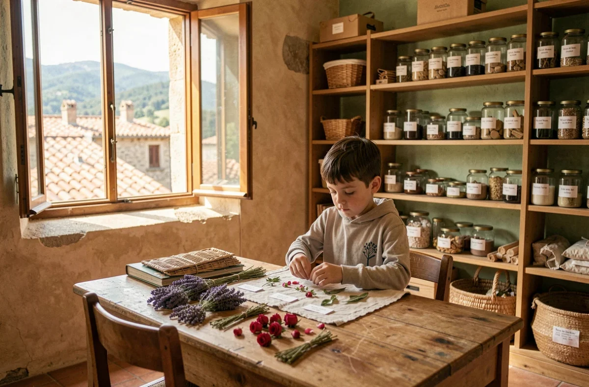 Enfant des Ateliers Montessori de Grasse classifiant des spécimens botaniques dans une classe avec vue sur les toits de la ville