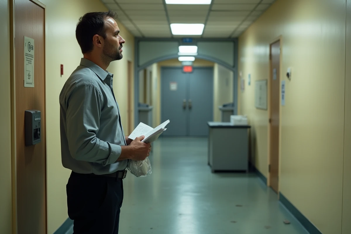 Homme attendant devant l'entrée du parloir avec ses documents et effets autorisés pour une visite en prison