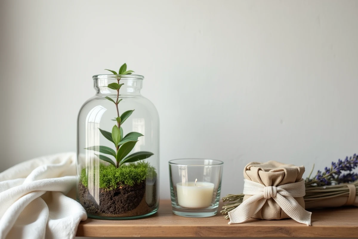 Autel de deuil écologique avec terrarium de mousse, bougie en cire de soja et lavande séchée sur étagère en bois
