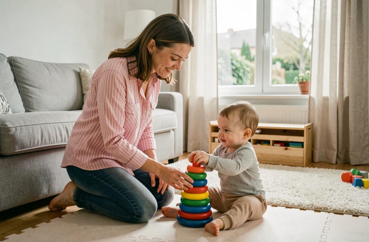 Une intervenante Babychou Services accompagne un bébé dans ses jeux d'éveil sur un tapis de jeu dans un salon moderne