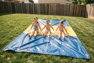 Famille glissant sur une bâche de ventriglisse bleue et jaune dans un jardin en été