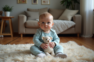 Bébé de un an en body bleu dans un salon calme