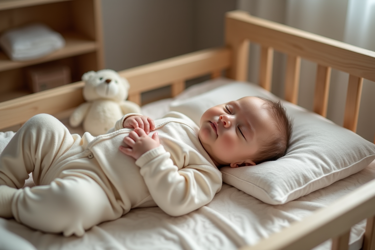 Bébé endormi dans un lit en bois dans une chambre douce