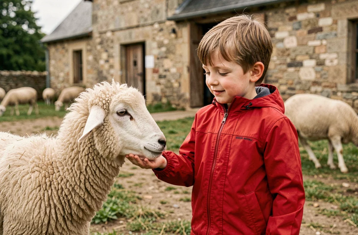 Jeune garçon nourrissant un mouton à la Bergerie Nationale de Rambouillet dans les Yvelines