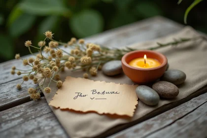 Bougie en cire d'abeille sur table en bois entourée de fleurs séchées et pierres naturelles, hommage écologique et durable