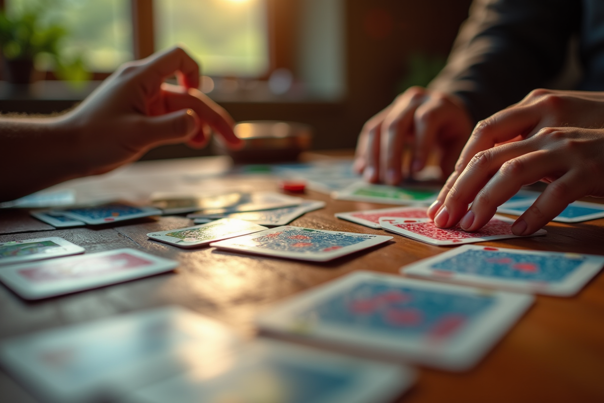 Gros plan sur des cartes colorées sur une table rustique