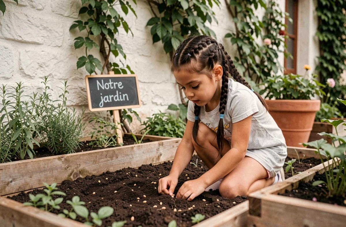 Jeune élève du Centre Montessori Les Pouces Verts plantant des graines dans un jardin pédagogique en Provence