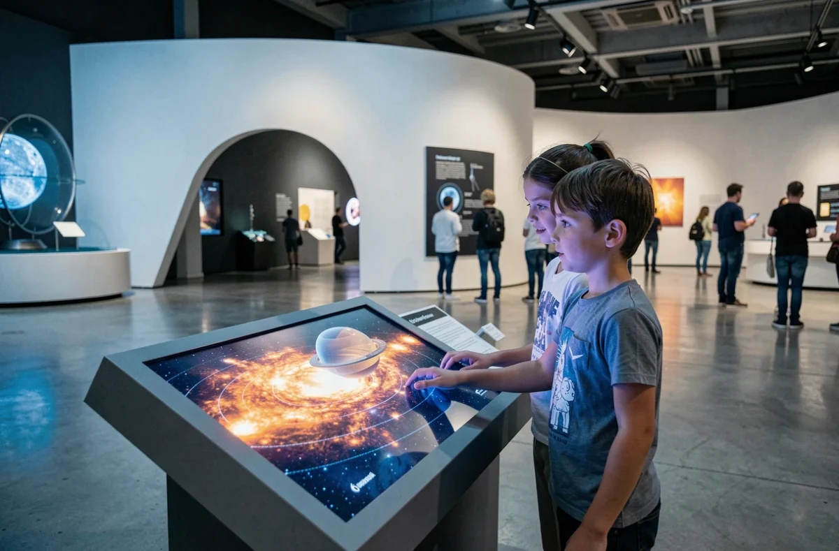Enfants interagissant avec une exposition scientifique aux Champs Libres à Rennes
