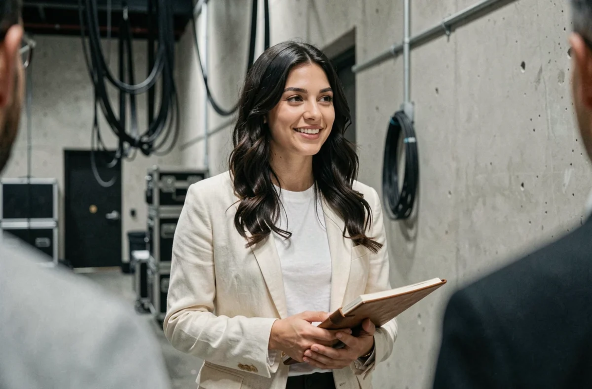 Artiste musicienne en coulisses d'une salle de spectacle tenant un carnet, portrait éditorial professionnel