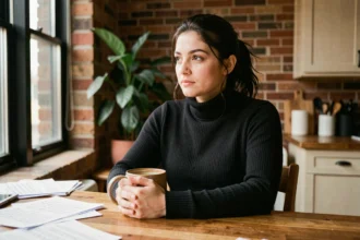 Femme artiste québécoise pensive dans son appartement tenant une tasse de café, atmosphère intimiste et personnelle