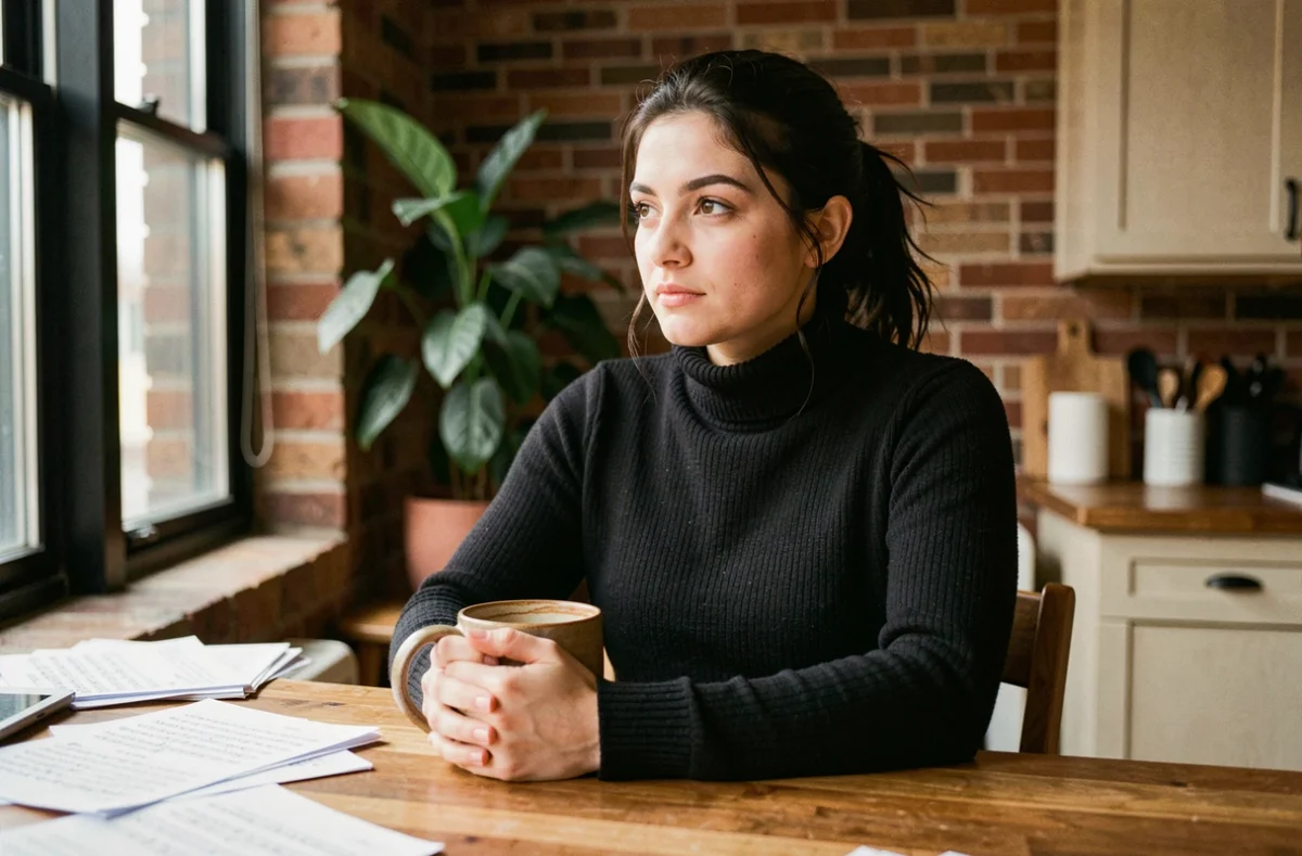 Femme artiste québécoise pensive dans son appartement tenant une tasse de café, atmosphère intimiste et personnelle