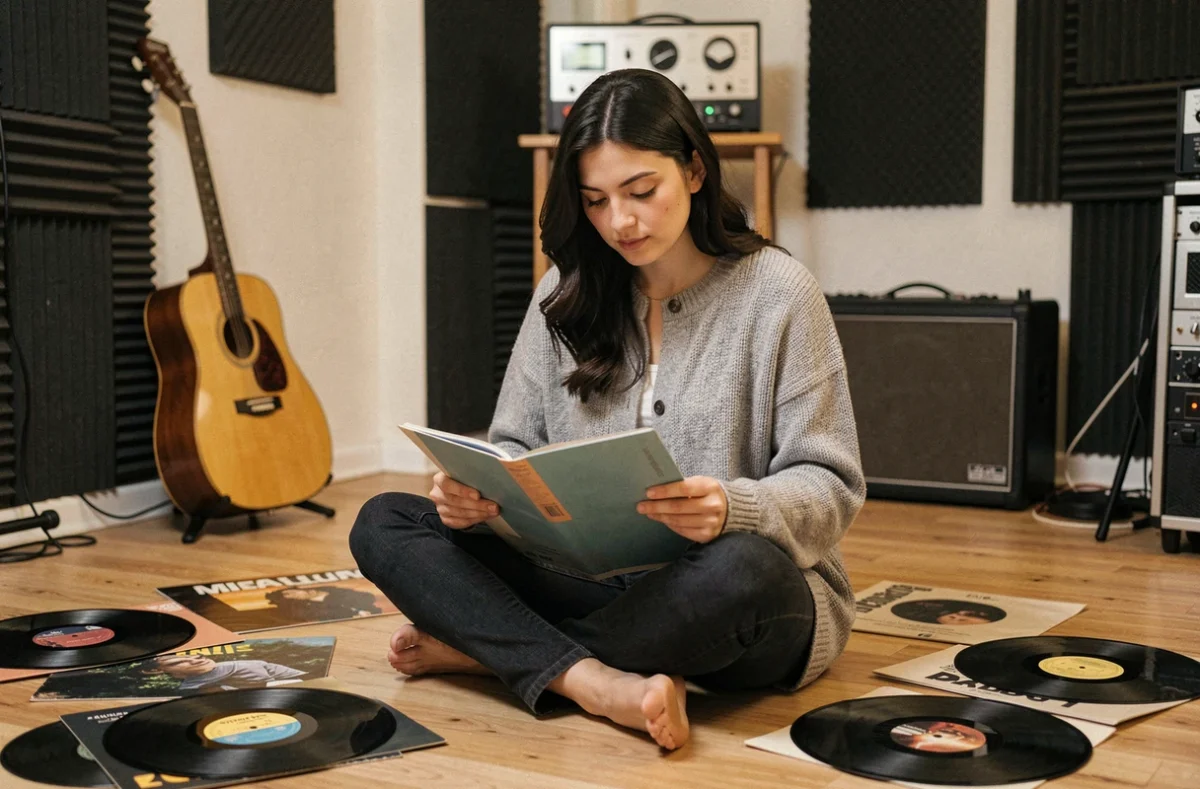 Musicienne assise sur le sol d'un studio d'enregistrement entourée de vinyles, portrait documentaire intime