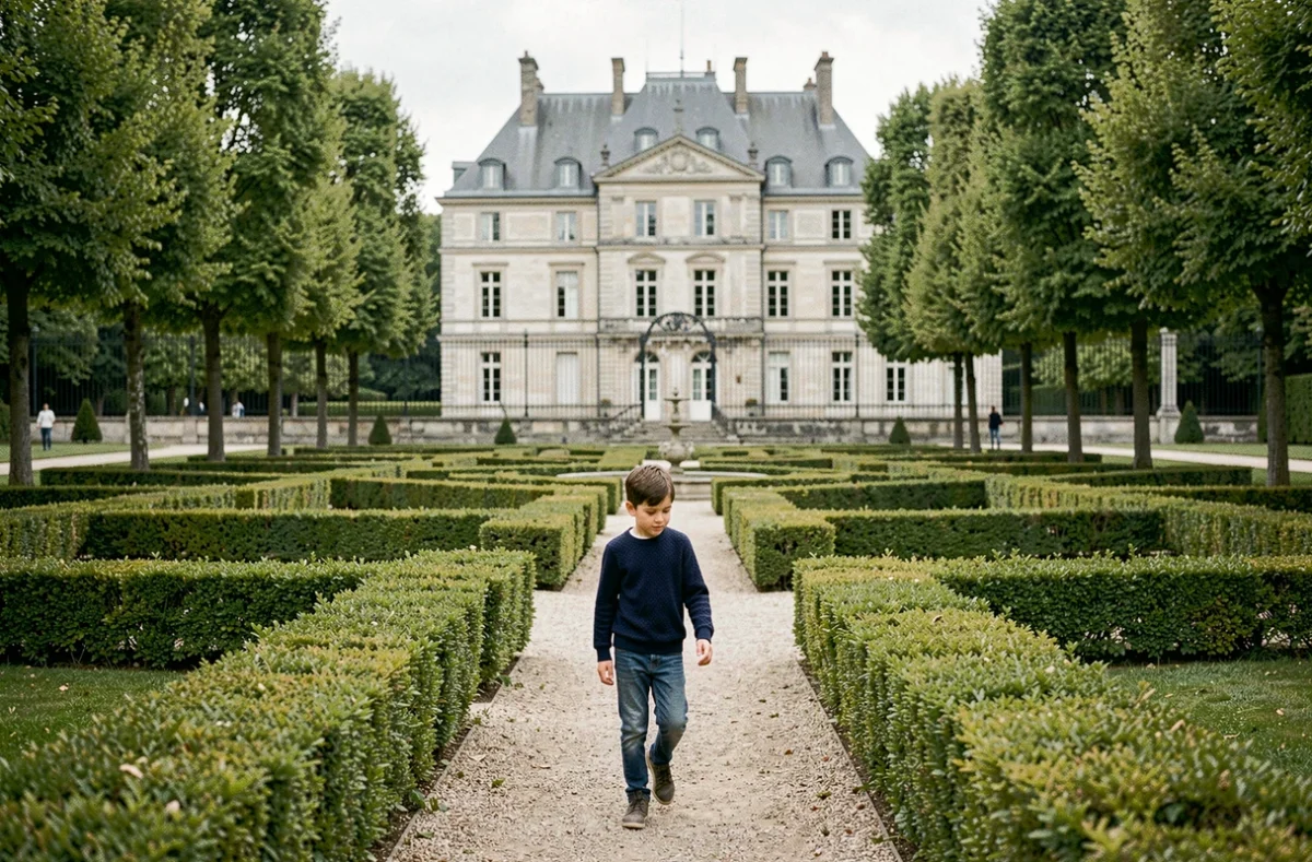 Garçon se promenant dans les jardins formels du Château de Rambouillet dans les Yvelines