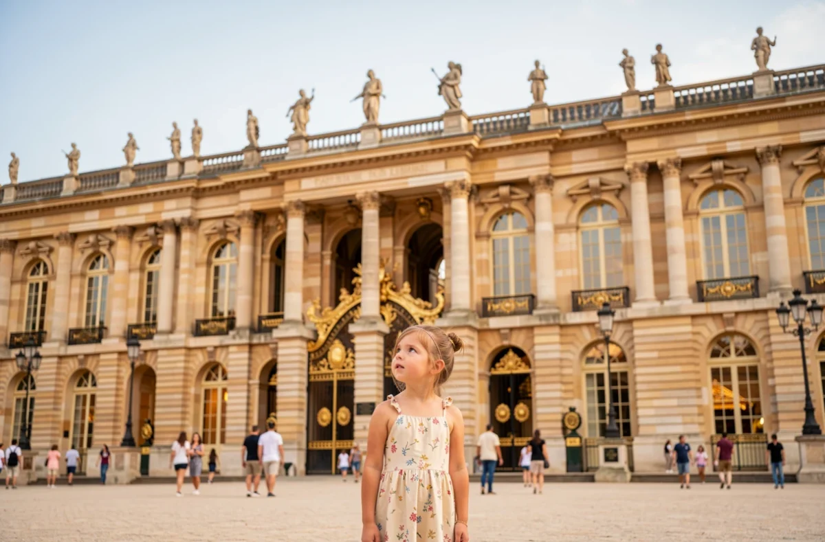 Petite fille admirant les grilles dorées du Château de Versailles dans les Yvelines