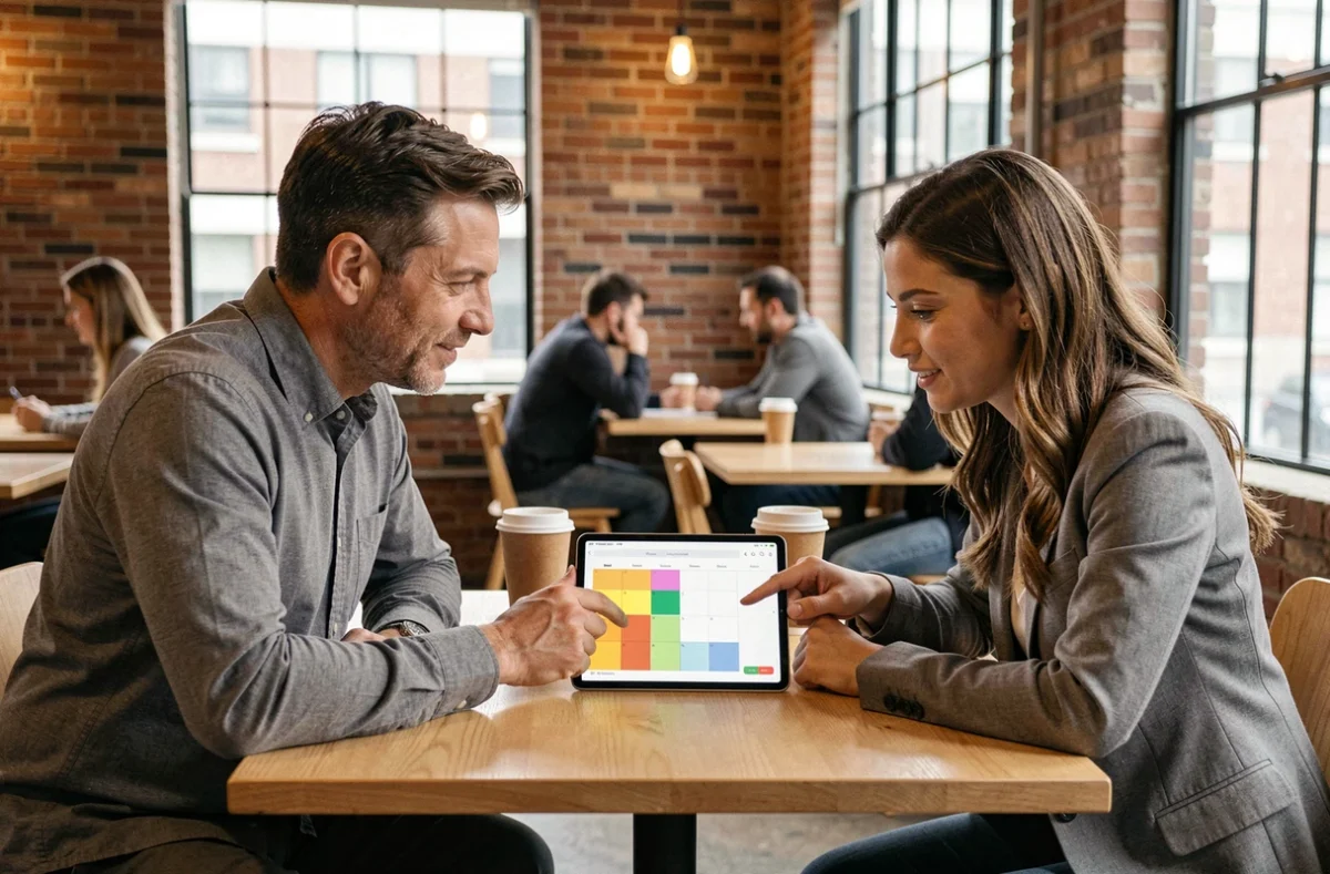 Deux co-parents organisant le calendrier de garde alternée semaines paires impaires sur une tablette dans un café