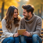 Jeune couple en automne sur un banc avec note