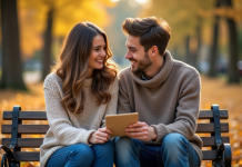 Jeune couple en automne sur un banc avec note