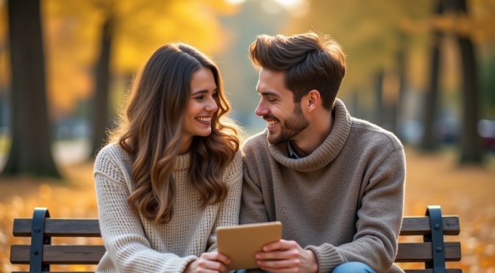 Jeune couple en automne sur un banc avec note