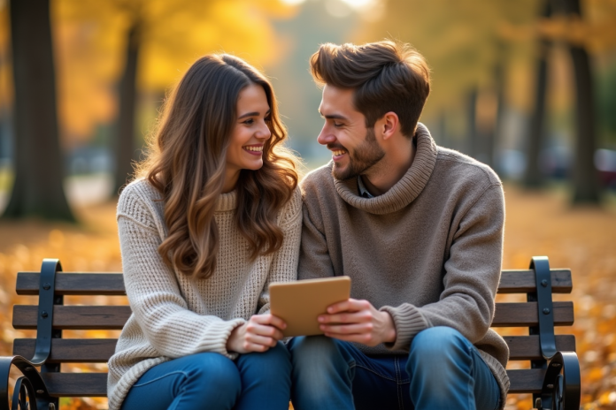 couple-automne-paire-banc Jeune couple en automne sur un banc avec note
